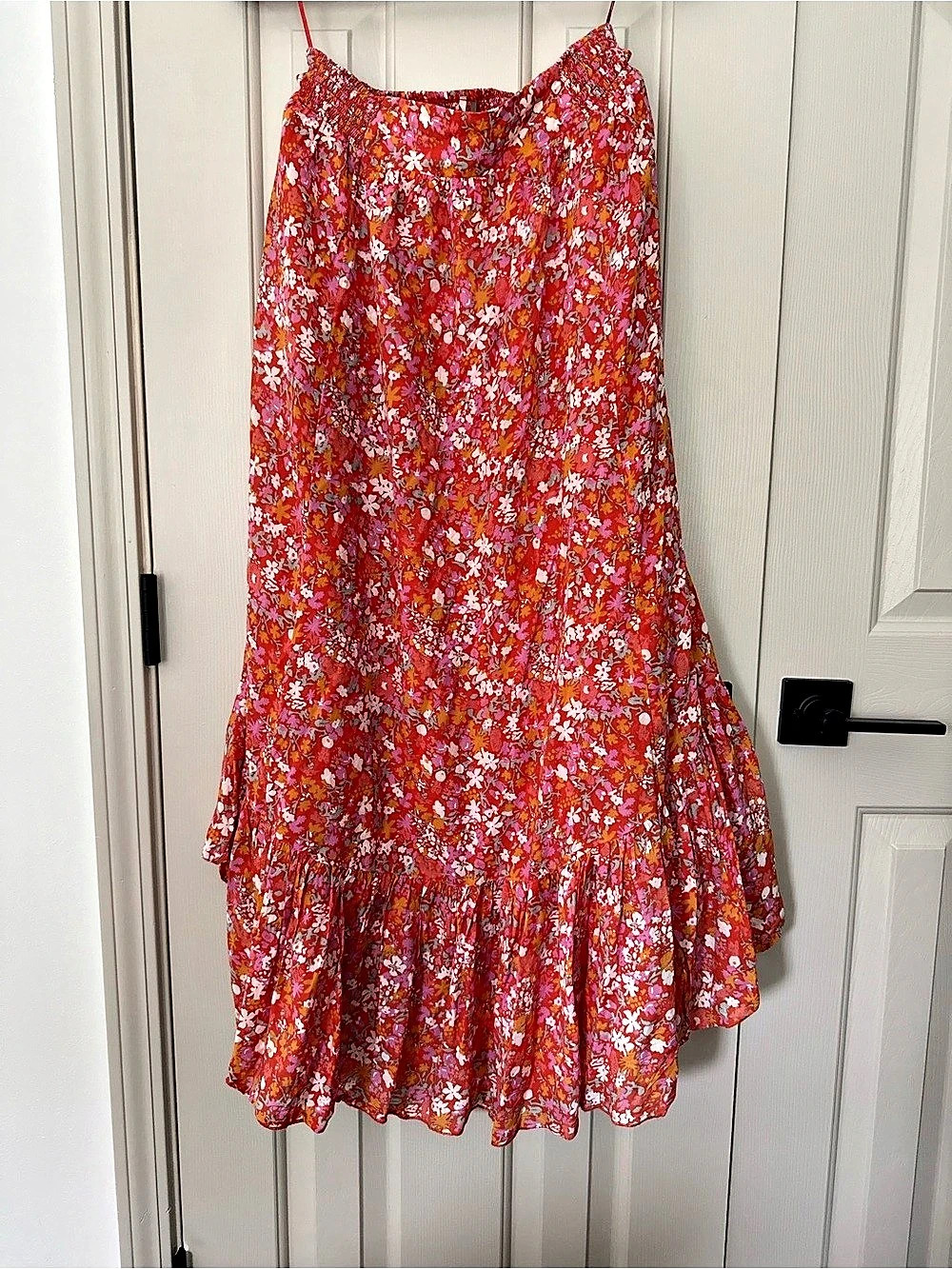 Free People Floral Ruffle Maxi Skirt Red & Pink Medium